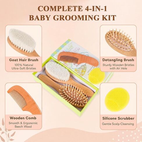 4 Piece Baby Hair Brush and Comb Set for Newborns, Wooden Baby Brush with Soft Natural Goat Bristle, Infant Hair Care Kit Helps Prevent Cradle Cap, Grooming Essentials Gift for Boys and Girls in Kuwait