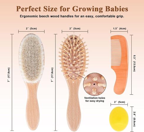 4 Piece Baby Hair Brush and Comb Set for Newborns, Wooden Baby Brush with Soft Natural Goat Bristle, Infant Hair Care Kit Helps Prevent Cradle Cap, Grooming Essentials Gift for Boys and Girls in Kuwait