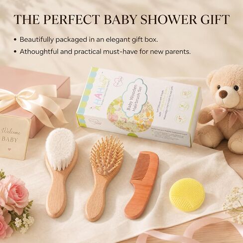4 Piece Baby Hair Brush and Comb Set for Newborns, Wooden Baby Brush with Soft Natural Goat Bristle, Infant Hair Care Kit Helps Prevent Cradle Cap, Grooming Essentials Gift for Boys and Girls in Kuwait
