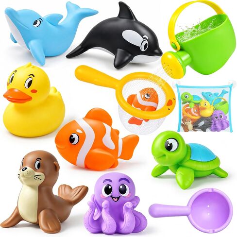 Vcertcpl Bath Toys for Kids Toddler Bathtub Toys, No Hole Baby Bath Toys with Floating Rubber Animals, Watering Can, Duck Net and Spoon, 11 Pack Bathtub Sand Beach Pool Toys Water Toys for Kids in Kuwait