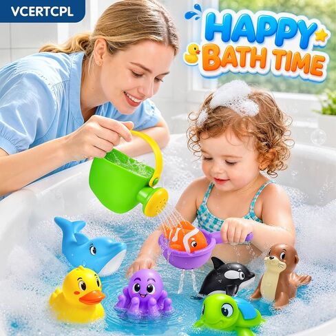 Vcertcpl Bath Toys for Kids Toddler Bathtub Toys, No Hole Baby Bath Toys with Floating Rubber Animals, Watering Can, Duck Net and Spoon, 11 Pack Bathtub Sand Beach Pool Toys Water Toys for Kids in Kuwait