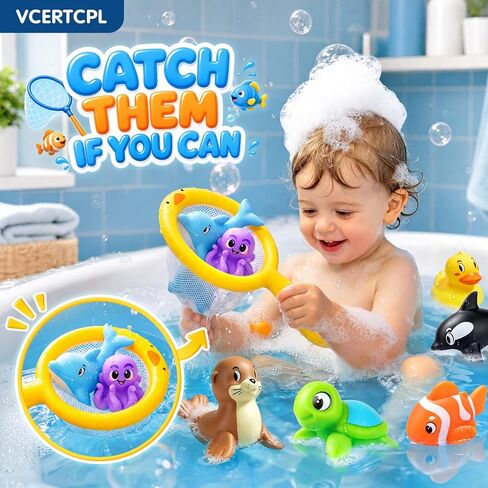 Vcertcpl Bath Toys for Kids Toddler Bathtub Toys, No Hole Baby Bath Toys with Floating Rubber Animals, Watering Can, Duck Net and Spoon, 11 Pack Bathtub Sand Beach Pool Toys Water Toys for Kids in Kuwait