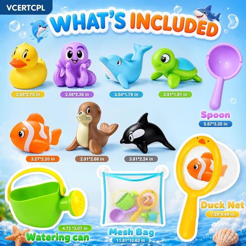 Vcertcpl Bath Toys for Kids Toddler Bathtub Toys, No Hole Baby Bath Toys with Floating Rubber Animals, Watering Can, Duck Net and Spoon, 11 Pack Bathtub Sand Beach Pool Toys Water Toys for Kids in Kuwait