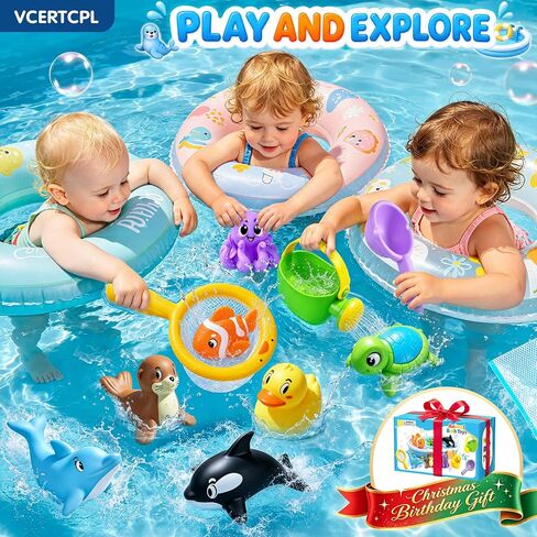 Vcertcpl Bath Toys for Kids Toddler Bathtub Toys, No Hole Baby Bath Toys with Floating Rubber Animals, Watering Can, Duck Net and Spoon, 11 Pack Bathtub Sand Beach Pool Toys Water Toys for Kids in Kuwait