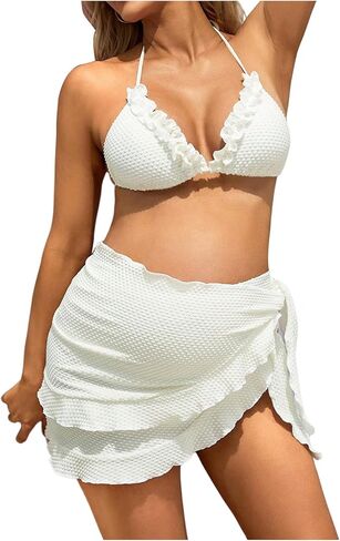 Women's Maternity 3 Pieces Swimsuit Textured Ruffle Halter Bikini Set with Beach Skirt in Kuwait