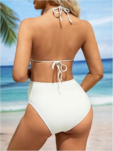 Women's Maternity 3 Pieces Swimsuit Textured Ruffle Halter Bikini Set with Beach Skirt in Kuwait