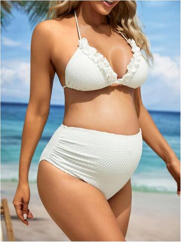 Women's Maternity 3 Pieces Swimsuit Textured Ruffle Halter Bikini Set with Beach Skirt in Kuwait