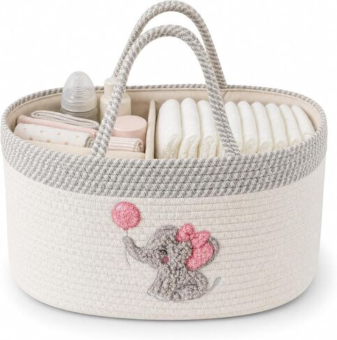 Baby Diaper Caddy Basket, Changing Table Diaper Caddy Organizer, Portable Nursery Car Storage Basket with Removable Divider, Cotton Woven Rope Baskets for Baby Shower Gifts Registry by Name in Kuwait