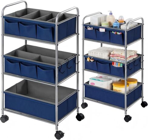 WILLBOND 3 Tier Blue Baby Diaper Caddy Organizer Cart with 4+3 Dividers Large Capacity Metal Utility Bedside Rolling Cart Newborn Registry Nursery Essential Must Have Crib Bedroom Baby Shower in Kuwait