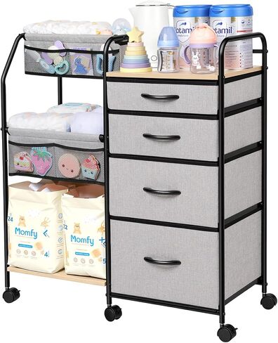 Fabuday Baby Diaper Caddy Organizer Cart - 4 Tier Rolling Diaper Cart with Wheels, Baby Essentials Organizers and Storage, Mobile Utility Carts for Bedside, Crib Nursury, Bedroom, Changing Table in Kuwait