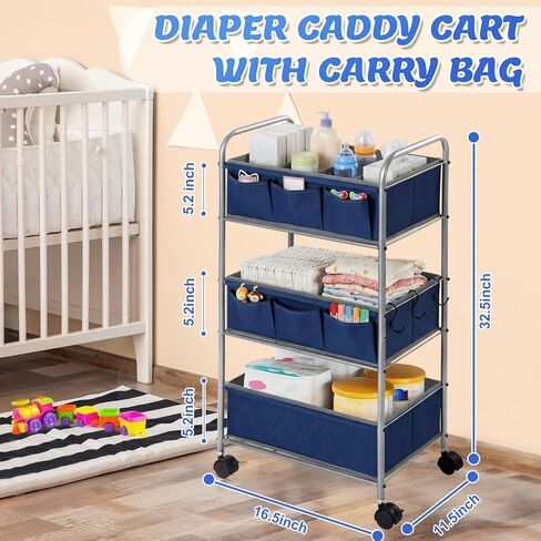 WILLBOND 3 Tier Blue Baby Diaper Caddy Organizer Cart with 4+3 Dividers Large Capacity Metal Utility Bedside Rolling Cart Newborn Registry Nursery Essential Must Have Crib Bedroom Baby Shower in Kuwait