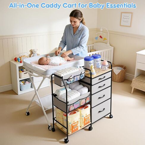 Fabuday Baby Diaper Caddy Organizer Cart - 4 Tier Rolling Diaper Cart with Wheels, Baby Essentials Organizers and Storage, Mobile Utility Carts for Bedside, Crib Nursury, Bedroom, Changing Table in Kuwait