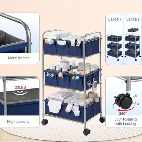 WILLBOND 3 Tier Blue Baby Diaper Caddy Organizer Cart with 4+3 Dividers Large Capacity Metal Utility Bedside Rolling Cart Newborn Registry Nursery Essential Must Have Crib Bedroom Baby Shower in Kuwait