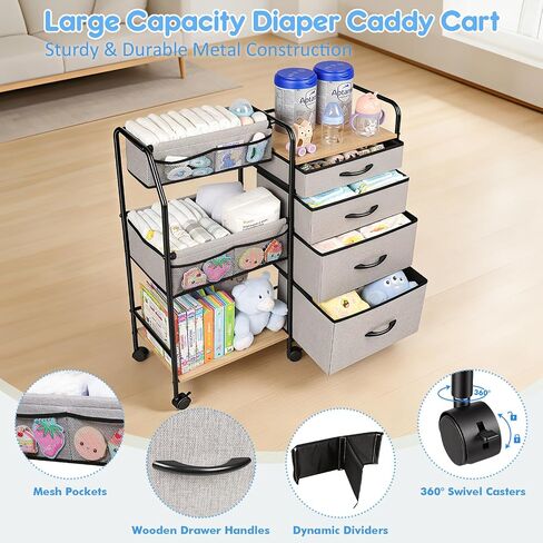 Fabuday Baby Diaper Caddy Organizer Cart - 4 Tier Rolling Diaper Cart with Wheels, Baby Essentials Organizers and Storage, Mobile Utility Carts for Bedside, Crib Nursury, Bedroom, Changing Table in Kuwait