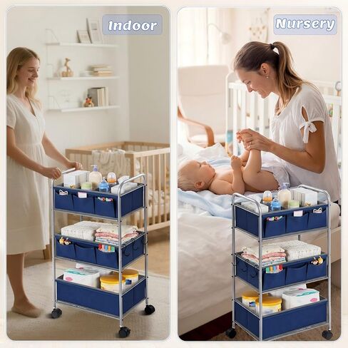 WILLBOND 3 Tier Blue Baby Diaper Caddy Organizer Cart with 4+3 Dividers Large Capacity Metal Utility Bedside Rolling Cart Newborn Registry Nursery Essential Must Have Crib Bedroom Baby Shower in Kuwait