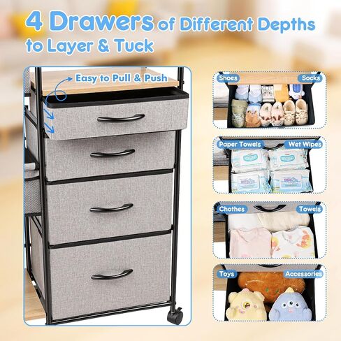 Fabuday Baby Diaper Caddy Organizer Cart - 4 Tier Rolling Diaper Cart with Wheels, Baby Essentials Organizers and Storage, Mobile Utility Carts for Bedside, Crib Nursury, Bedroom, Changing Table in Kuwait