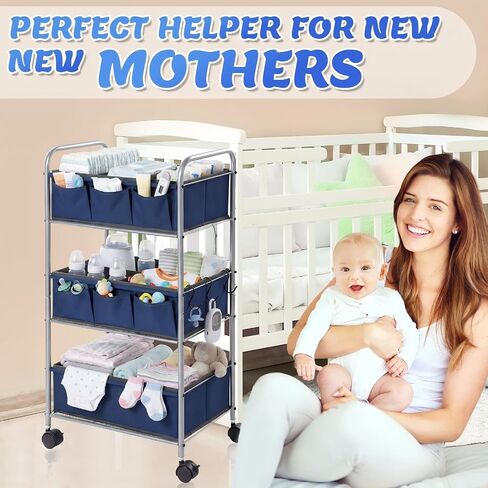 WILLBOND 3 Tier Blue Baby Diaper Caddy Organizer Cart with 4+3 Dividers Large Capacity Metal Utility Bedside Rolling Cart Newborn Registry Nursery Essential Must Have Crib Bedroom Baby Shower in Kuwait
