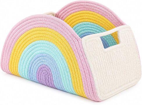 Yinkin Rainbow Storage Basket Woven Diaper Caddy Organizer Cute Small Cotton Rope Decorative Basket Boho Desktop Makeup Toys Art Supplies Office Organizer, 14.5 x 9.45 x 7.45 Inch in Kuwait