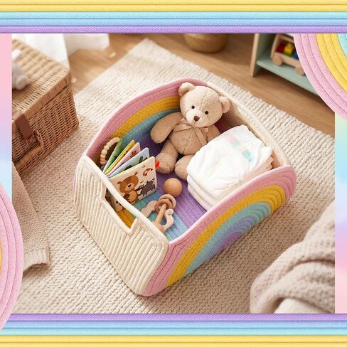 Yinkin Rainbow Storage Basket Woven Diaper Caddy Organizer Cute Small Cotton Rope Decorative Basket Boho Desktop Makeup Toys Art Supplies Office Organizer, 14.5 x 9.45 x 7.45 Inch in Kuwait
