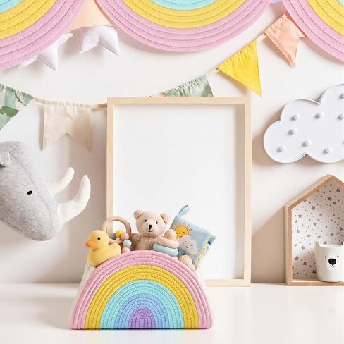 Yinkin Rainbow Storage Basket Woven Diaper Caddy Organizer Cute Small Cotton Rope Decorative Basket Boho Desktop Makeup Toys Art Supplies Office Organizer, 14.5 x 9.45 x 7.45 Inch in Kuwait