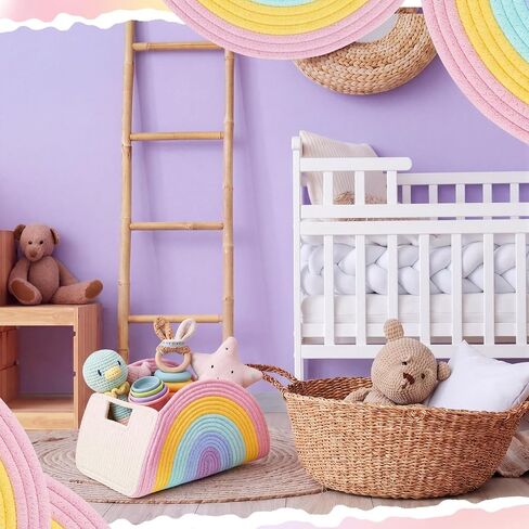 Yinkin Rainbow Storage Basket Woven Diaper Caddy Organizer Cute Small Cotton Rope Decorative Basket Boho Desktop Makeup Toys Art Supplies Office Organizer, 14.5 x 9.45 x 7.45 Inch in Kuwait