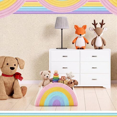 Yinkin Rainbow Storage Basket Woven Diaper Caddy Organizer Cute Small Cotton Rope Decorative Basket Boho Desktop Makeup Toys Art Supplies Office Organizer, 14.5 x 9.45 x 7.45 Inch in Kuwait