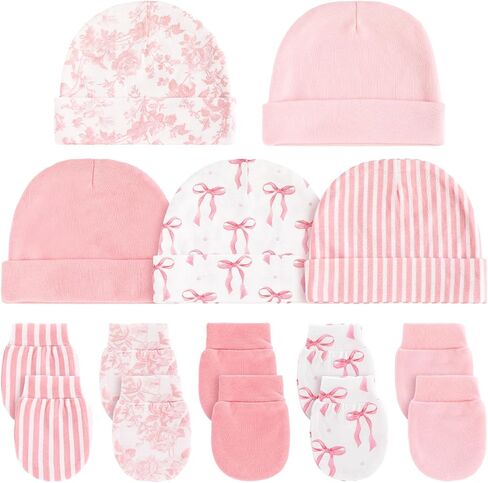 Unittype Baby Hats and Mittens Set for Girl 10 Pcs Newborn Gift Set Soft 100% Cotton Infant Beanie Caps and No Scratch Gloves Pink White Bow Pattern for 0-6 Months Infant Essentials in Kuwait