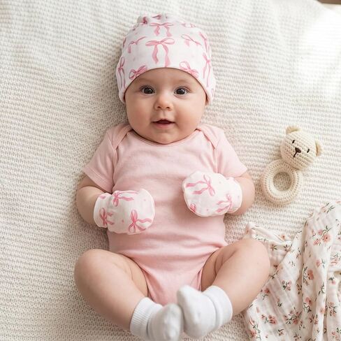 Unittype Baby Hats and Mittens Set for Girl 10 Pcs Newborn Gift Set Soft 100% Cotton Infant Beanie Caps and No Scratch Gloves Pink White Bow Pattern for 0-6 Months Infant Essentials in Kuwait