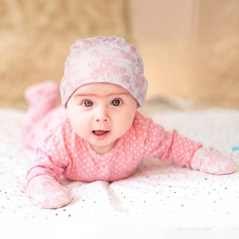 Unittype Baby Hats and Mittens Set for Girl 10 Pcs Newborn Gift Set Soft 100% Cotton Infant Beanie Caps and No Scratch Gloves Pink White Bow Pattern for 0-6 Months Infant Essentials in Kuwait