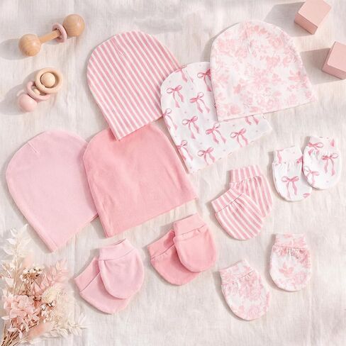 Unittype Baby Hats and Mittens Set for Girl 10 Pcs Newborn Gift Set Soft 100% Cotton Infant Beanie Caps and No Scratch Gloves Pink White Bow Pattern for 0-6 Months Infant Essentials in Kuwait