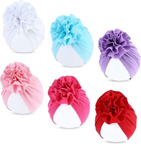 Cinaci 6 Pack Soft Stretchy Caps Bonnets Headwraps with Big Flower Turban Hats for Baby Girls Newborns Infants Toddlers in Kuwait