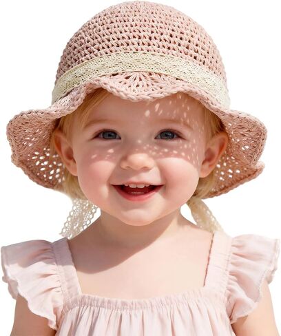 Zando Toddler Straw Sun Hat for Baby with Lace Bow 1-5T - Sun Protection Kids Baby Bucket Hat for Easter Beach Photo Daily in Kuwait