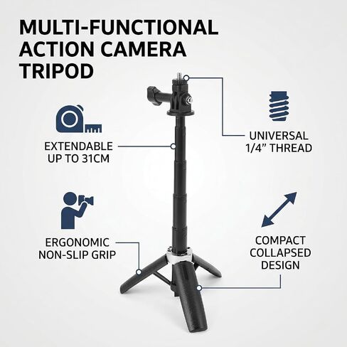 Yoidesu Action Camera Selfie Stick Tripod, Water Proof Underwater, 31cm Extendable, Anti - Slip Stable, 1/4" Screw, Selfie Stick Tripod for Travel Sports Panoramic in Kuwait