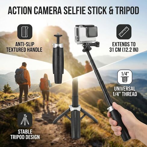 Yoidesu Action Camera Selfie Stick Tripod, Water Proof Underwater, 31cm Extendable, Anti - Slip Stable, 1/4" Screw, Selfie Stick Tripod for Travel Sports Panoramic in Kuwait