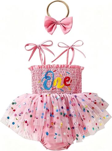 ChuYuKu Baby Girl 1st Birthday Outfits Romper Dresses | Smocked Strap Tulle Princess Bodysuit with Headband, Cake Smash Party Photoshoot Dress, Spring Summer Outfit in Kuwait