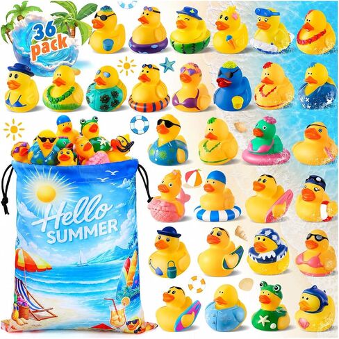 36 Pcs Summer Rubber Ducks with Bag, Ducks for Cruise Ship Hiding, Ducks for Jeeps Ducking, Assorted Beach Duckies Toys for Vacation, Summer Themed Party Favors, Bath Pool Water Toy Gifts for Kids in Kuwait
