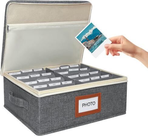 Linen Photo Storage Box with Zipper Lid & Side Handle and Adjustable Dividers,Holds Up to 2000 4x6 Pictures, Memory Keepsake Box for Wedding,Baby, Cards, Stamps, Grey in Kuwait