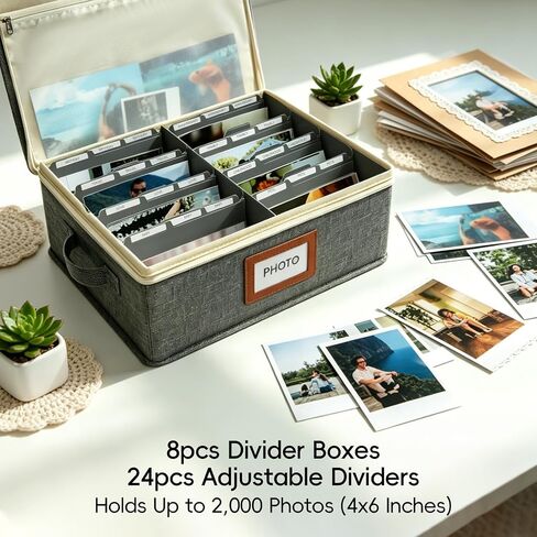 Linen Photo Storage Box with Zipper Lid & Side Handle and Adjustable Dividers,Holds Up to 2000 4x6 Pictures, Memory Keepsake Box for Wedding,Baby, Cards, Stamps, Grey in Kuwait
