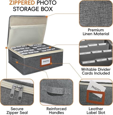Linen Photo Storage Box with Zipper Lid & Side Handle and Adjustable Dividers,Holds Up to 2000 4x6 Pictures, Memory Keepsake Box for Wedding,Baby, Cards, Stamps, Grey in Kuwait
