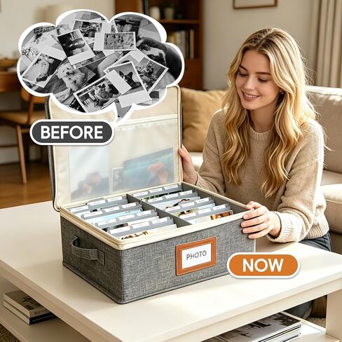 Linen Photo Storage Box with Zipper Lid & Side Handle and Adjustable Dividers,Holds Up to 2000 4x6 Pictures, Memory Keepsake Box for Wedding,Baby, Cards, Stamps, Grey in Kuwait