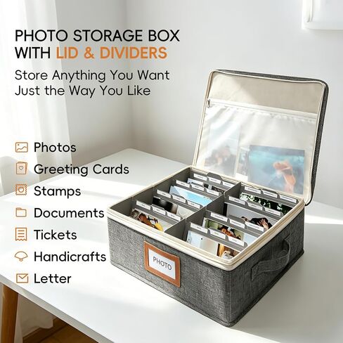 Linen Photo Storage Box with Zipper Lid & Side Handle and Adjustable Dividers,Holds Up to 2000 4x6 Pictures, Memory Keepsake Box for Wedding,Baby, Cards, Stamps, Grey in Kuwait