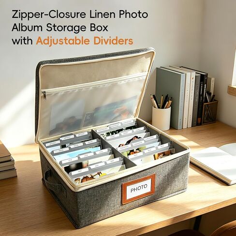 Linen Photo Storage Box with Zipper Lid & Side Handle and Adjustable Dividers,Holds Up to 2000 4x6 Pictures, Memory Keepsake Box for Wedding,Baby, Cards, Stamps, Grey in Kuwait