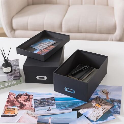 Soul & Lane - Black Photo Storage Boxes with Lids, 11.7x7.7x4.5 In, 2 Pack | Cardboard Picture Organizers with Lids for Keepsakes and Mementos, Decorative Memory Containers for Organization in Kuwait