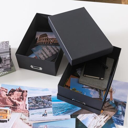 Soul & Lane - Black Photo Storage Boxes with Lids, 11.7x7.7x4.5 In, 2 Pack | Cardboard Picture Organizers with Lids for Keepsakes and Mementos, Decorative Memory Containers for Organization in Kuwait
