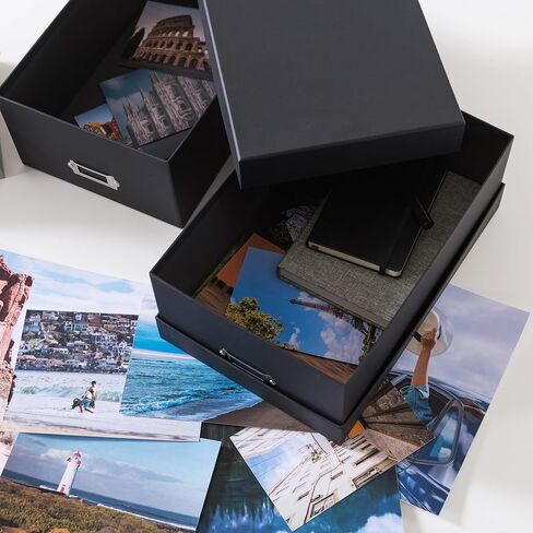Soul & Lane - Black Photo Storage Boxes with Lids, 11.7x7.7x4.5 In, 2 Pack | Cardboard Picture Organizers with Lids for Keepsakes and Mementos, Decorative Memory Containers for Organization in Kuwait