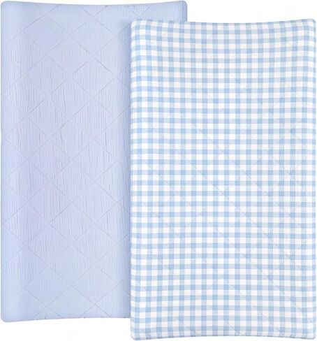 Frienda 2 Pack Blue Gingham Changing Pad Covers Waterproof Muslin Changing Pad Covers 32 x 16 Inch Coquette Quilted Cotton Fitted Diaper Sheet Breathable Extra Thick Sheets for Baby Boys in Kuwait