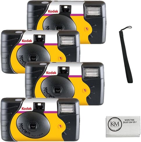 Kodak Power Flash 35mm One-Time-Use Disposable Camera (ISO-800) | (27 Exposures) 4 Pack Bundle with Wrist Strap + Microfiber Cleaning Cloth (6 Items) in Kuwait