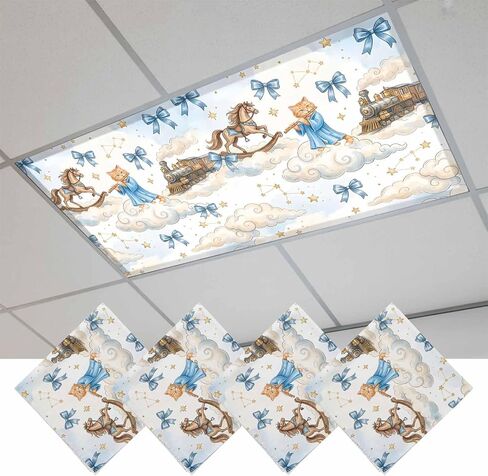 Fluorescent Light Covers, Cartoon Cute Cat Magnetic Light Covers for Ceiling Lights, Blue Bow Knot Train Cloud Star Funny Fluorescent Ceiling Shade Filters for Classroom Bedroom Office 4x2Ft x 2PCS in Kuwait