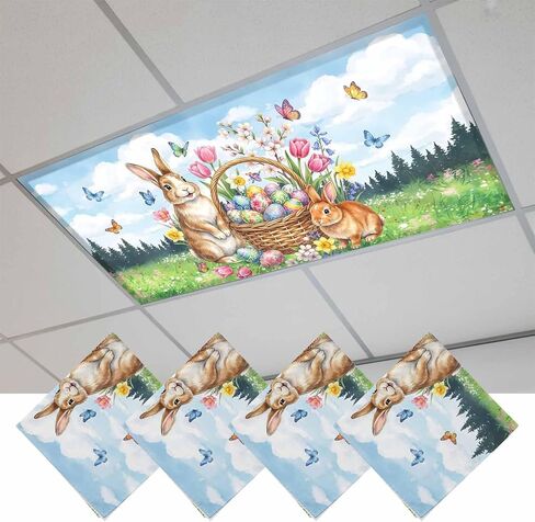 Fluorescent Light Covers, Happy Easter Magnetic Light Covers for Ceiling Lights, Spring Cute Rabbits Eggs Floral Plants Watercolor Fluorescent Ceiling Shade for Classroom Bedroom Office 4x2Ft x 4PCS in Kuwait