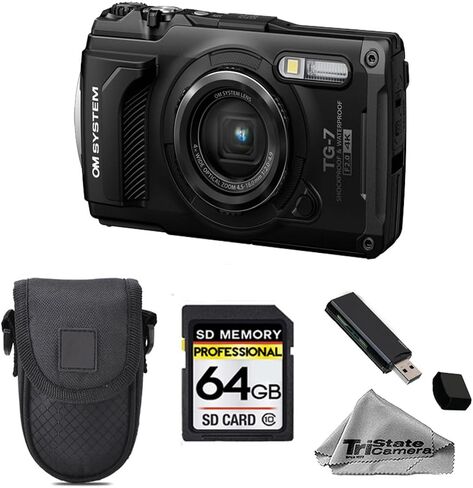 OM System Olympus Tough TG-7 Black Digital Camera Kit | Rugged waterproof and freezeproof design, 4K video, high-resolution imaging, 44x macro shooting, case, 64GB card & reader in Kuwait